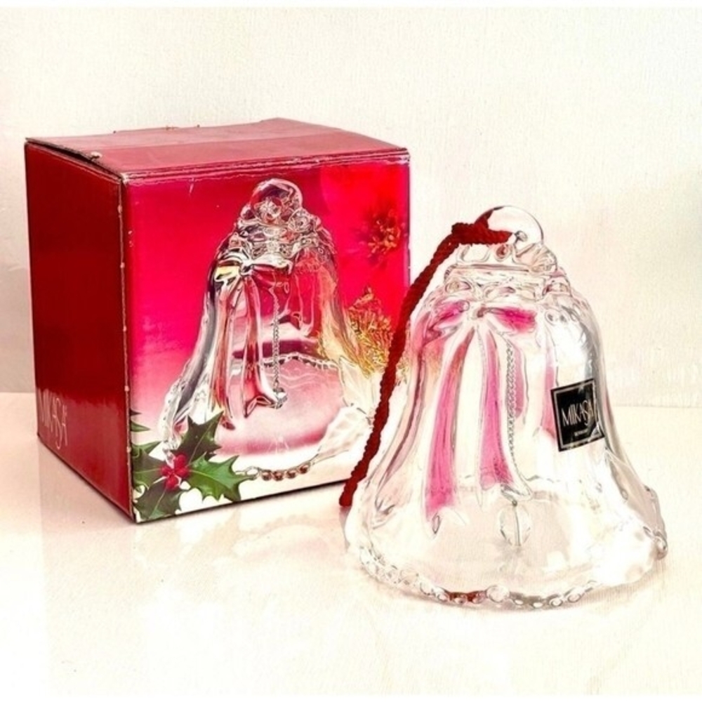 Vintage Mikasa Merriment Crystal Christmas Bell 4.5" Germany Frosted Holly NIB